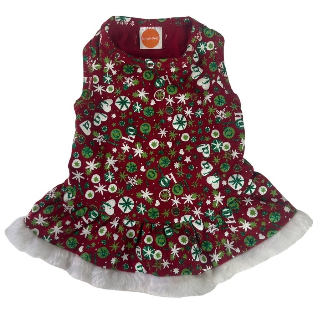 Christmas Dog Dress Red Green Glitter Size Small Snowflake Print Faux Fur Hem‎